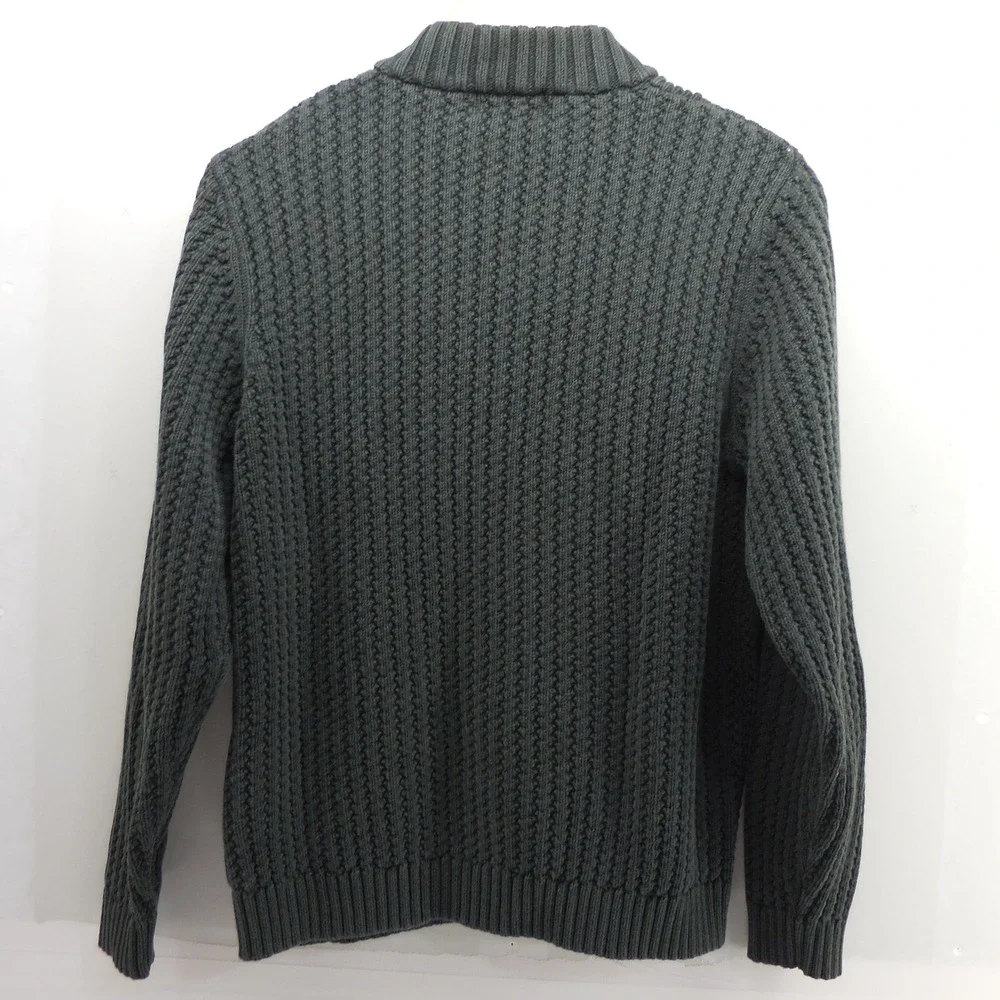 Vintage Eddie Bauer Mens Small Green Cotton Ribbed Knit Henley Mock Neck Sweater